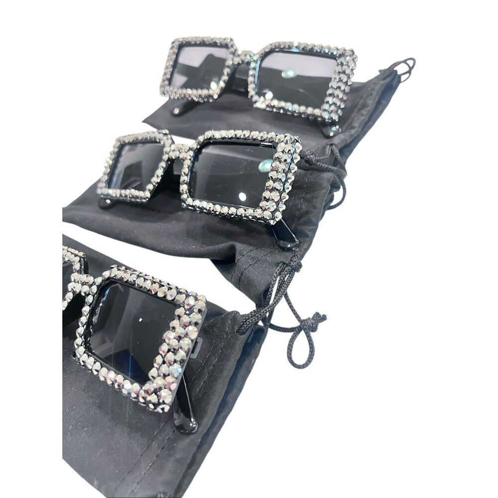 Lot Of 3 Rhinestone Embellished Rectangular Sunglasses Set Black Silver OS NWT